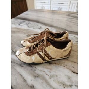 COACH Kate Gold Jacquard & Brown Suede Low Top Sneakers Fall Trend‎